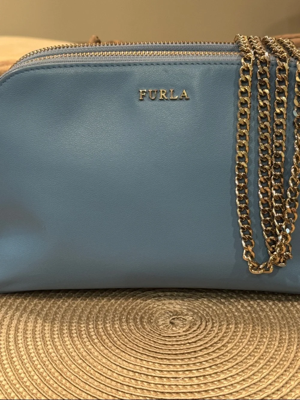 Furla Light Blue Leather Crossbody with Gold Chain - Picture 2 of 13